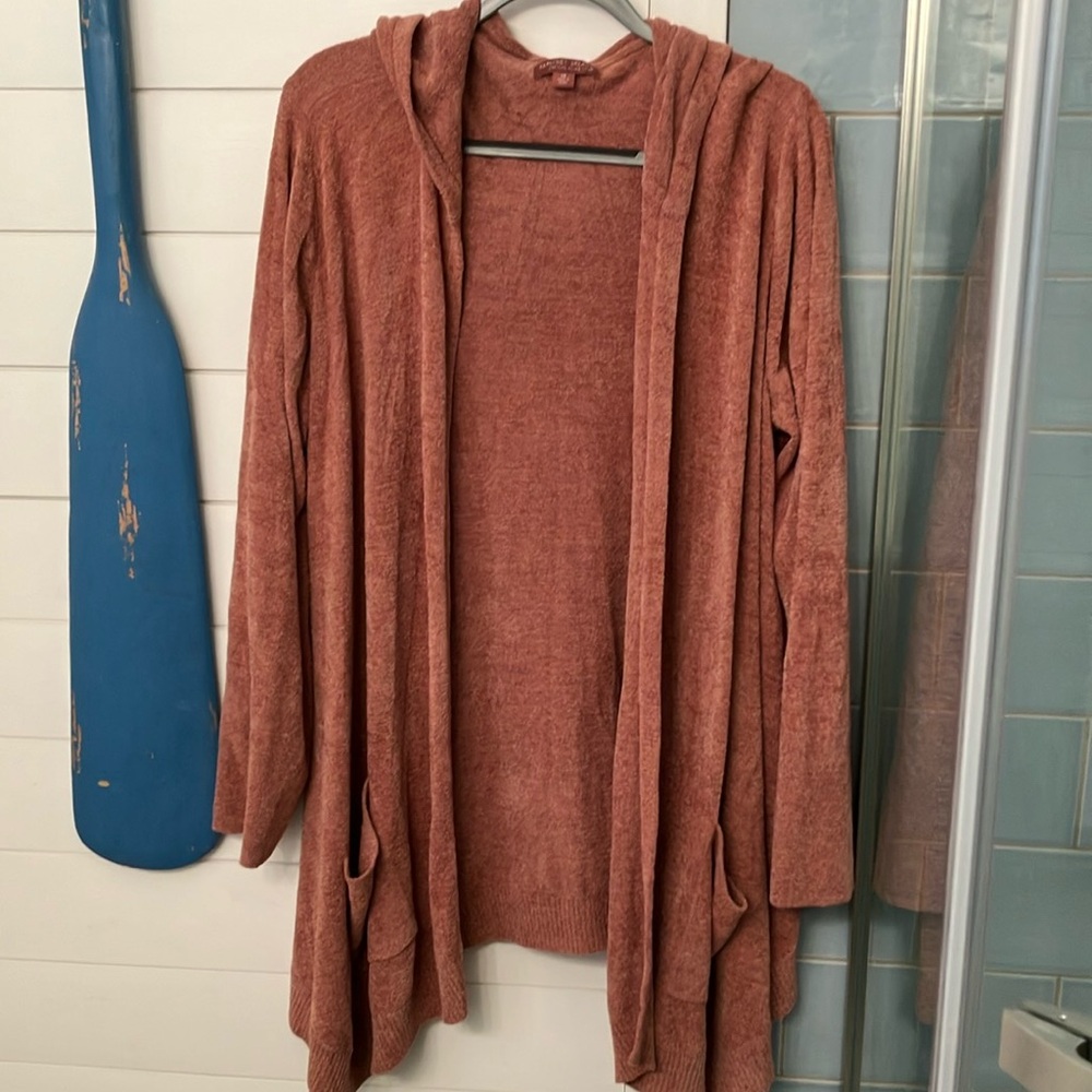 Barefoot Dreams CozyChic Ultra Lite hooded cardigan dusty rust color